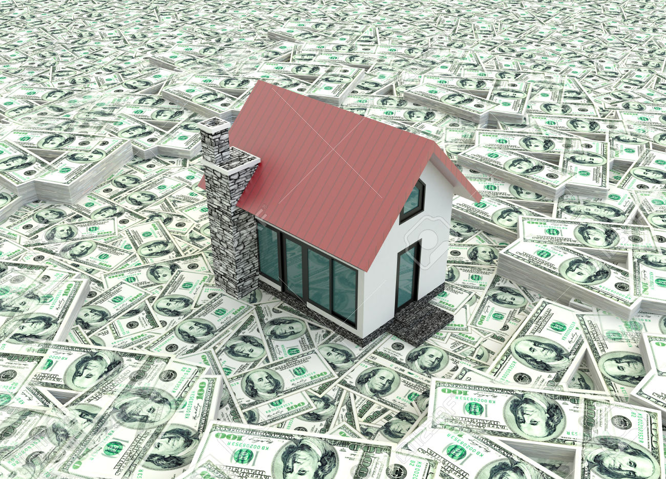 Little red modern 3D houses on the pile of money in isolated background. It is a real estate business.