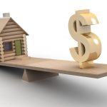 house and dollar on scales. 3D image.